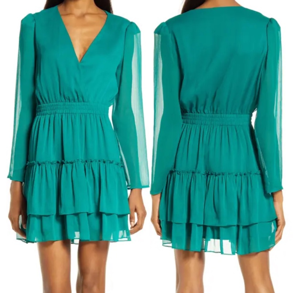 Emerald green long sleeve ruffle mini dress